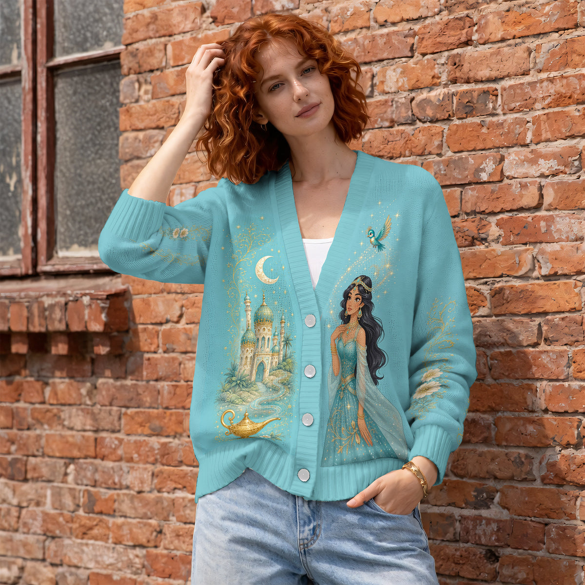 Vintage Desert Princess Cardigan Sweater - Arabian Nights Palace Teal Knitwear
