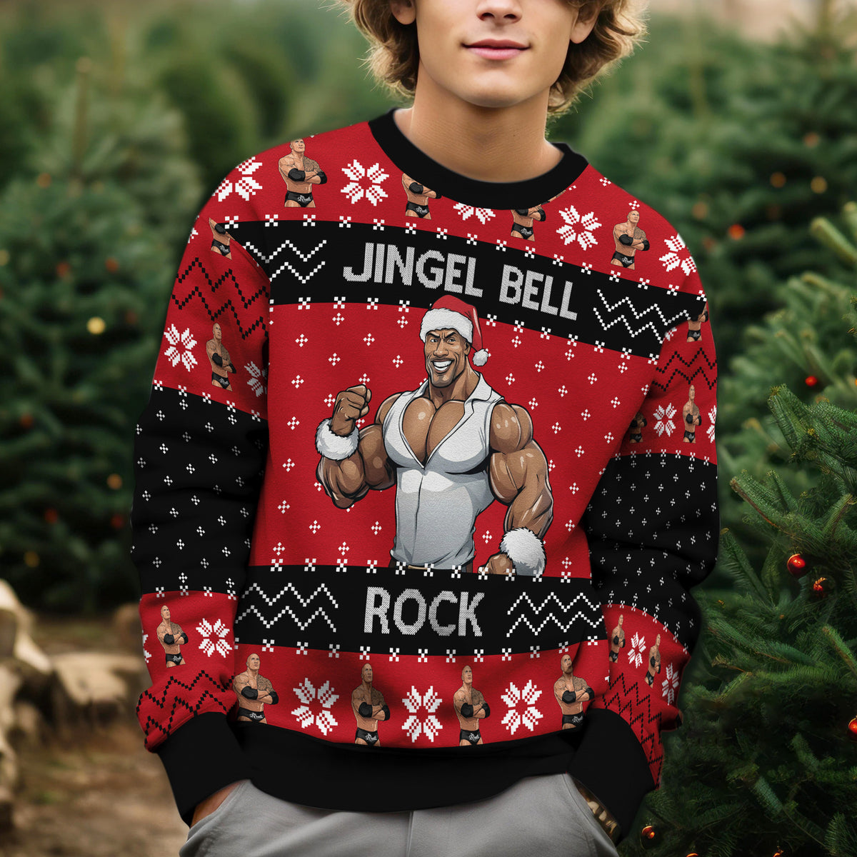 The Rock Jingle Bell Rock Ugly Christmas Sweater - Funny Celebrity Holiday Knit Print