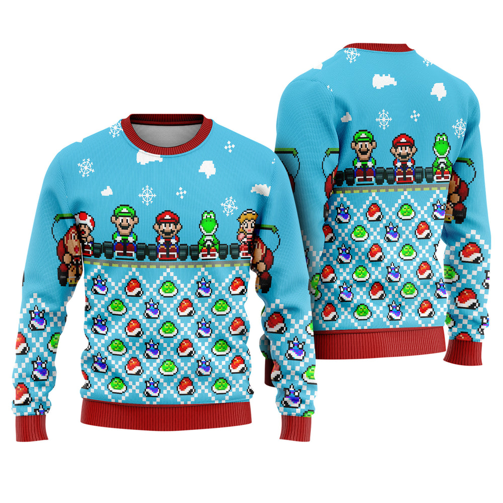 Super Mario Kart Ugly Christmas Sweater - Retro Pixel Gaming Holiday Knit Print