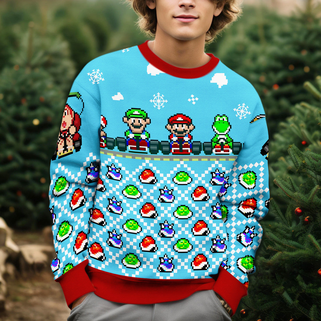 Super Mario Kart Ugly Christmas Sweater - Retro Pixel Gaming Holiday Knit Print