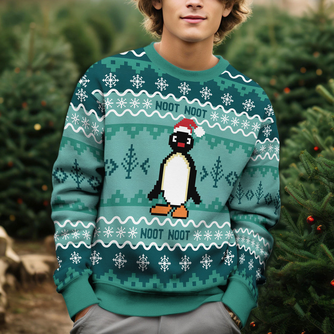 Noot Noot Pingu Ugly Christmas Sweater - Funny Meme Holiday Knit Print