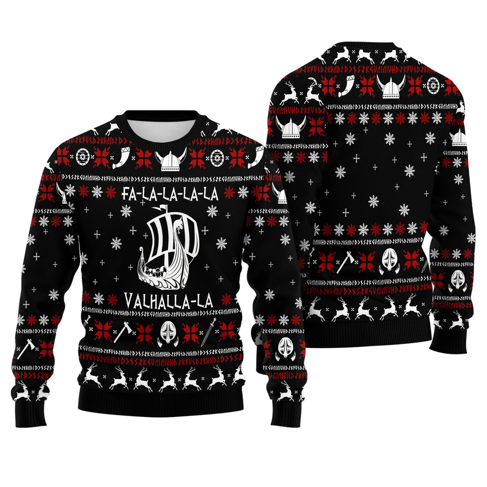 Valhalla Viking Ugly Christmas Sweater - Funny Holiday Knit Print with Viking Ship
