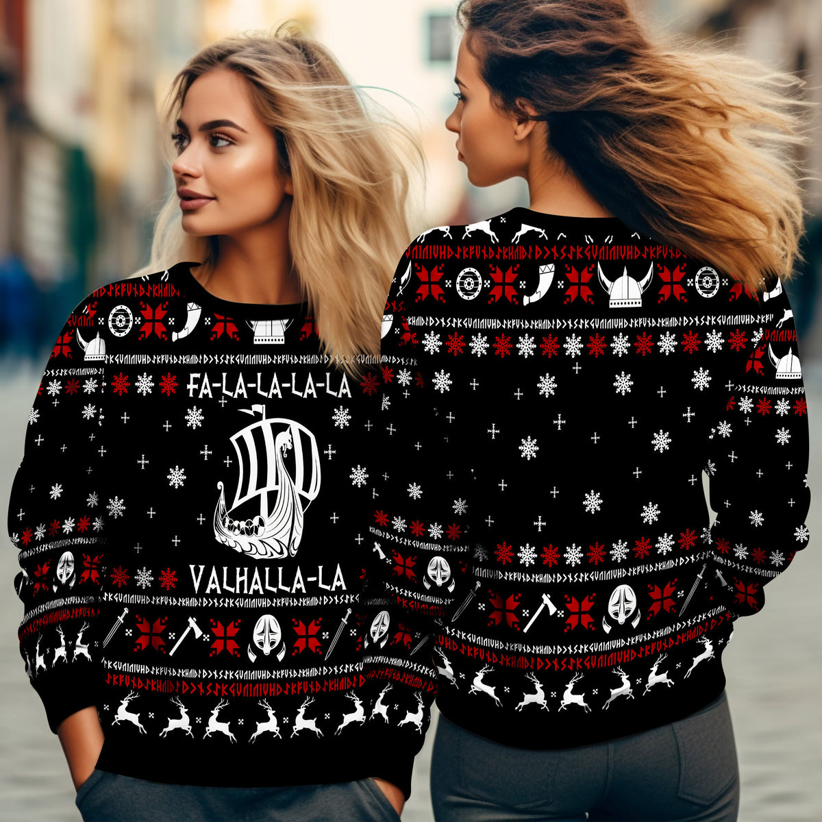Valhalla Viking Ugly Christmas Sweater - Funny Holiday Knit Print with Viking Ship