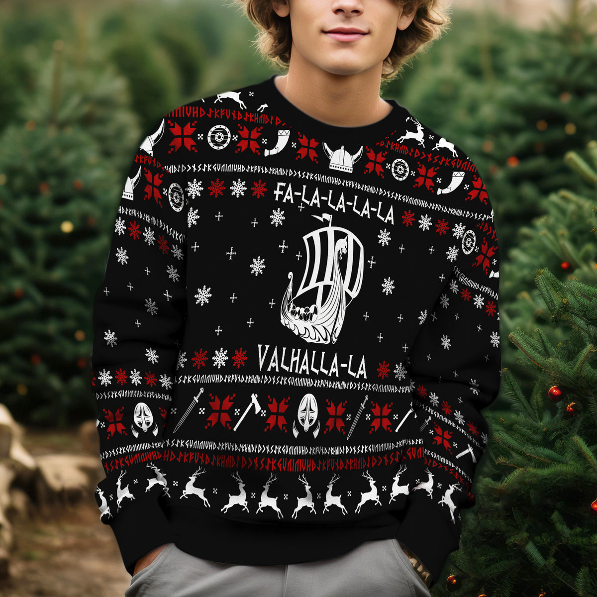 Valhalla Viking Ugly Christmas Sweater - Funny Holiday Knit Print with Viking Ship