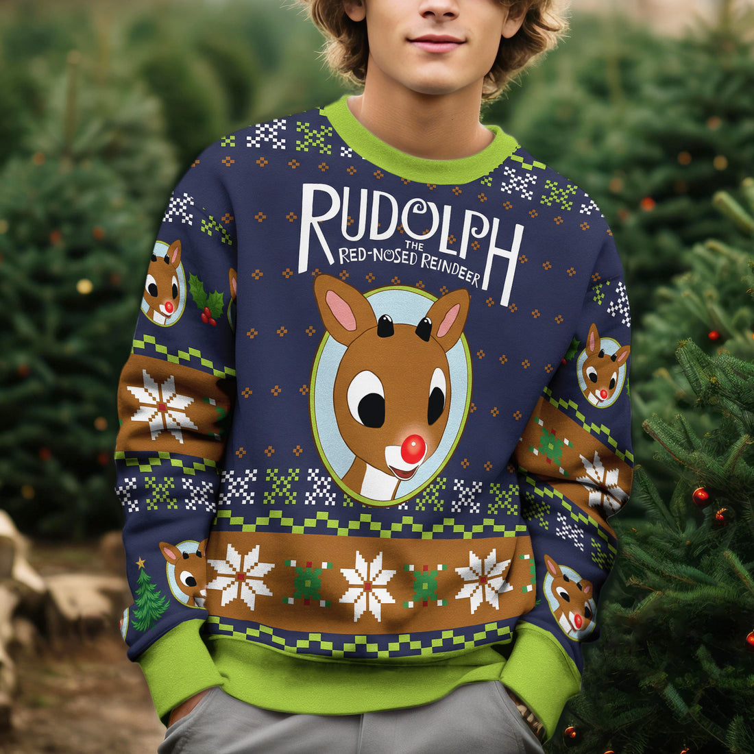 Rudolph the Red-Nosed Reindeer Ugly Christmas Sweater - Holiday Knit Print