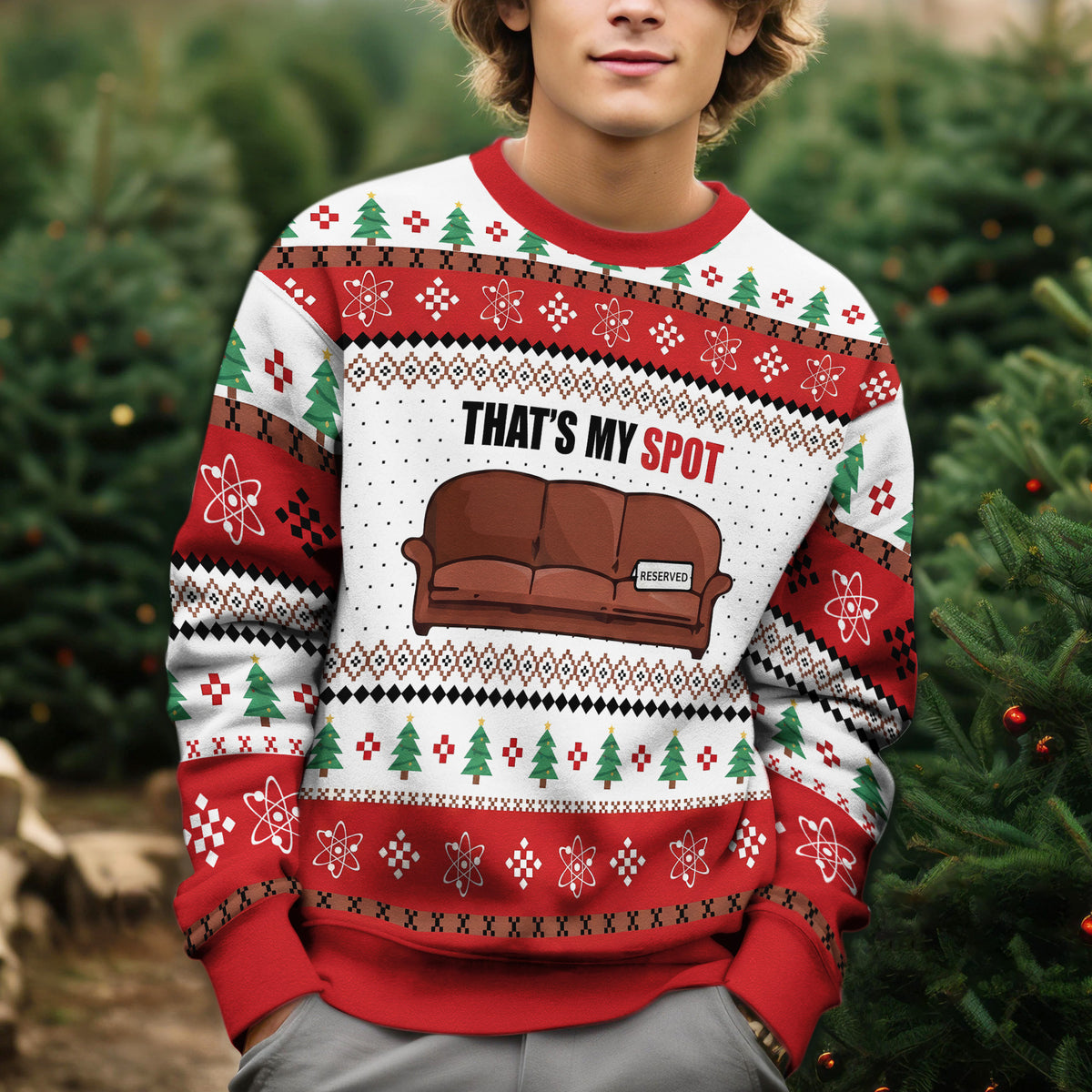 Sheldon Cooper That is My Spot Ugly Christmas Sweater - Funny The Big Bang Theory Knit Print
