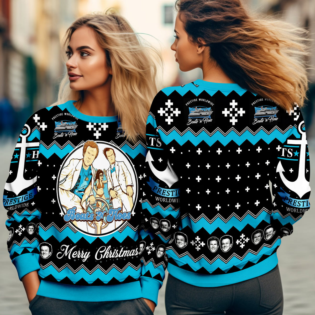 Boats and Hoes Ugly Christmas Sweater - Funny Step Brothers Movie Knit Print