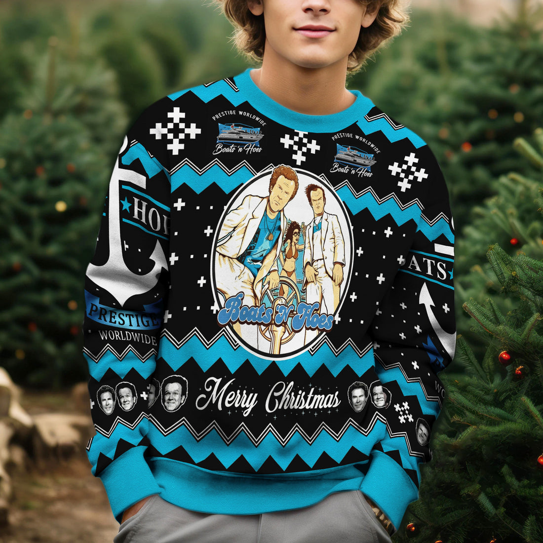 Boats and Hoes Ugly Christmas Sweater - Funny Step Brothers Movie Knit Print