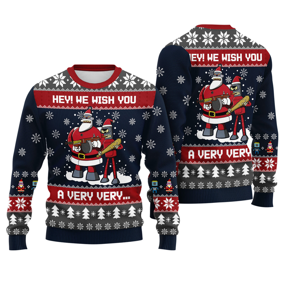 Futurama Ugly Christmas Sweater - Funny Santa Bot and Bender Holiday Knit Print