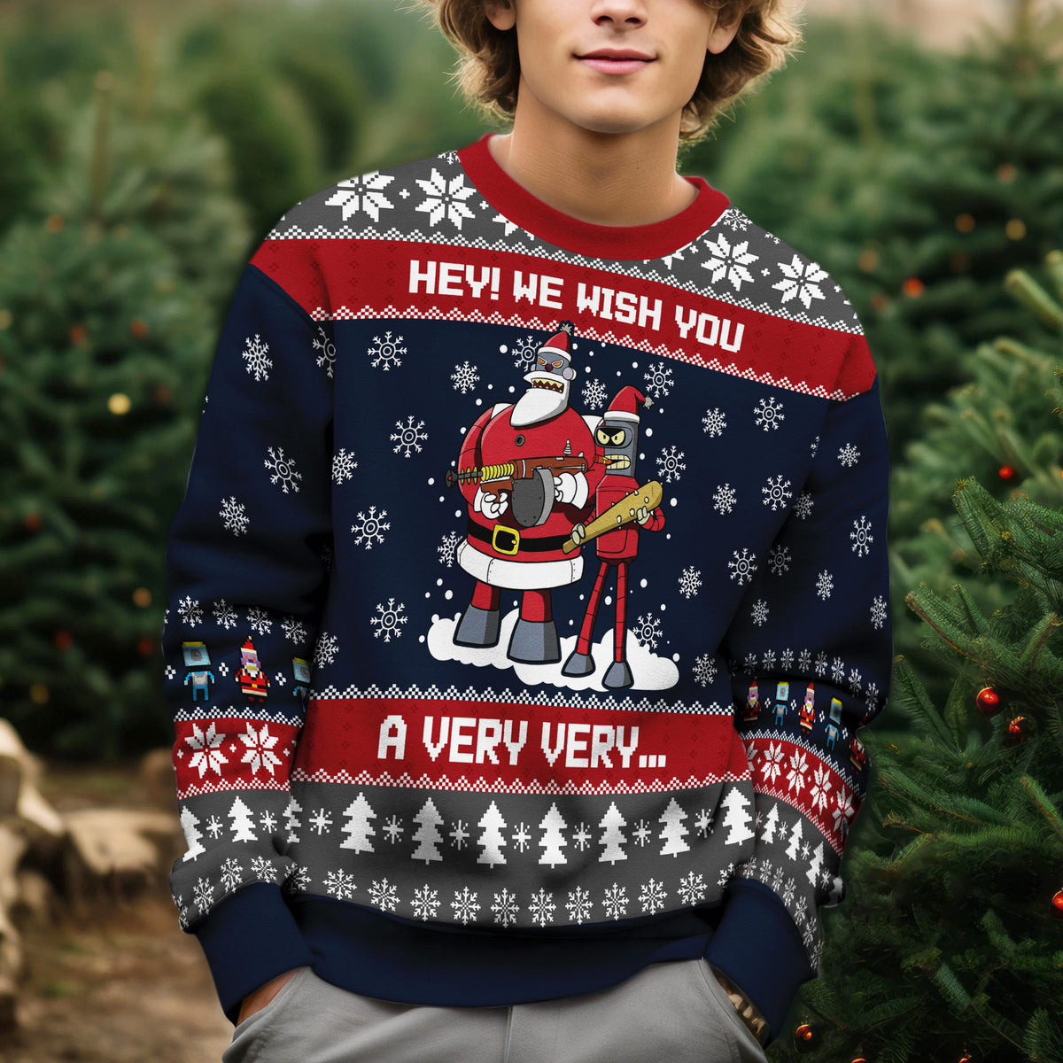 Futurama Ugly Christmas Sweater - Funny Santa Bot and Bender Holiday Knit Print