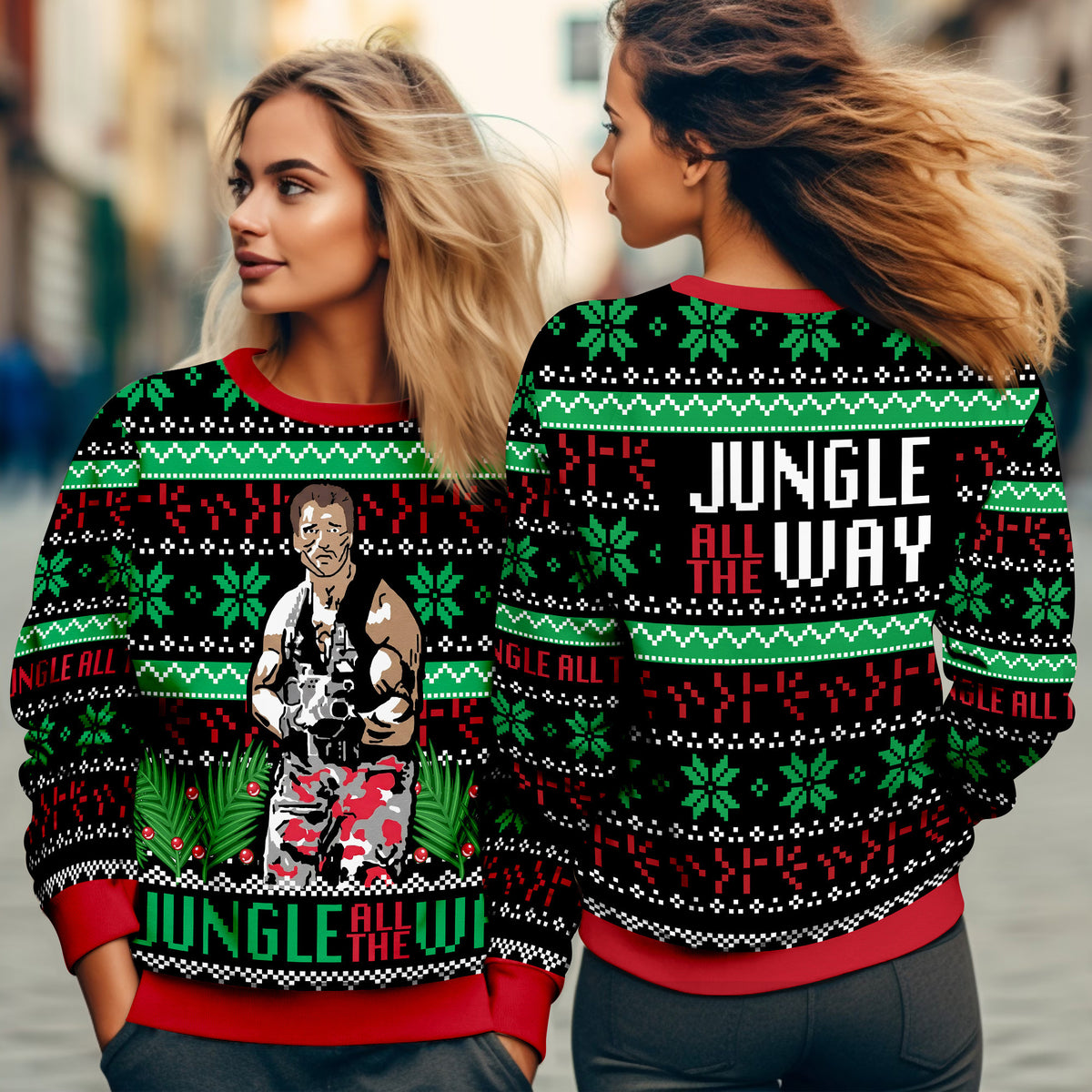 Arnold Schwarzenegger Jingle All The Way Ugly Christmas Sweater - Funny Action Movie Knit Print