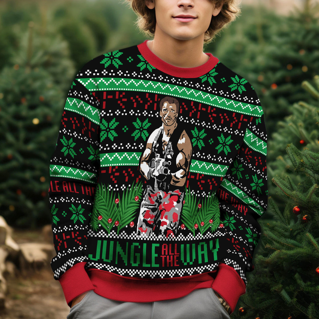 Arnold Schwarzenegger Jingle All The Way Ugly Christmas Sweater - Funny Action Movie Knit Print