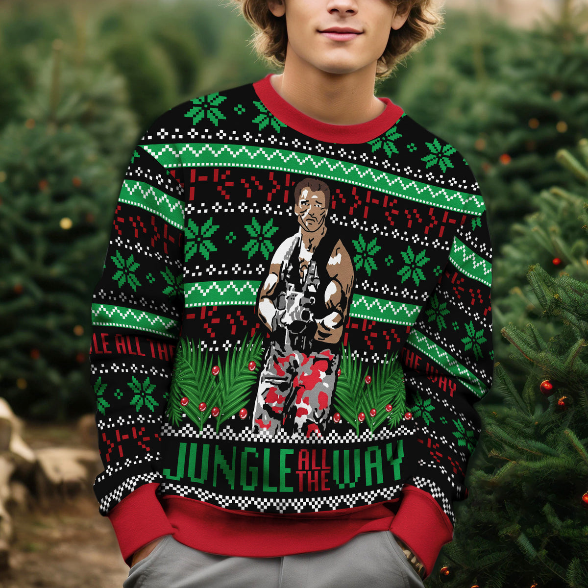 Arnold Schwarzenegger Jingle All The Way Ugly Christmas Sweater - Funny Action Movie Knit Print