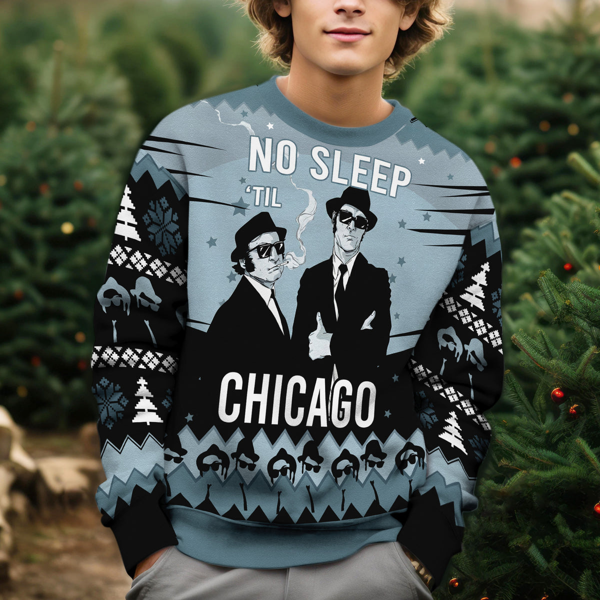No Sleep Till Chicago Ugly Christmas Sweater - Classic Movie Themed Holiday Knit Print
