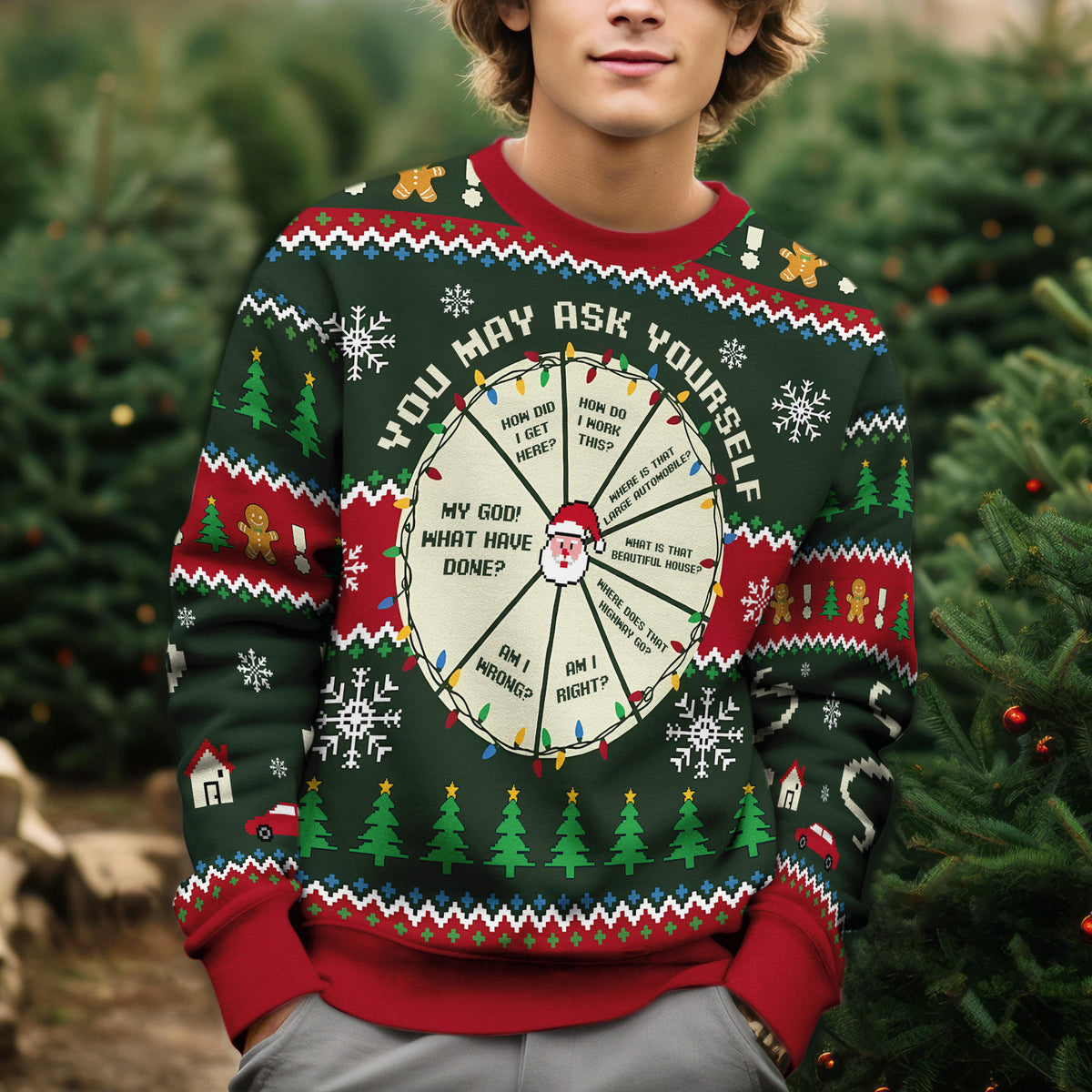 You May Ask Yourself Ugly Christmas Sweater - Funny Talking Heads Inspired Knit Print