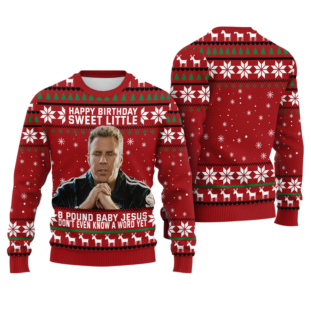 Ricky Bobby 8 Pound Baby Jesus Ugly Christmas Sweater - Funny Talladega Nights Knit Print