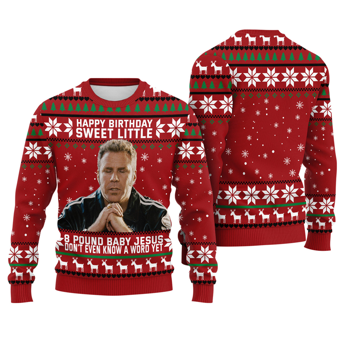 Ricky Bobby 8 Pound Baby Jesus Ugly Christmas Sweater - Funny Talladega Nights Knit Print