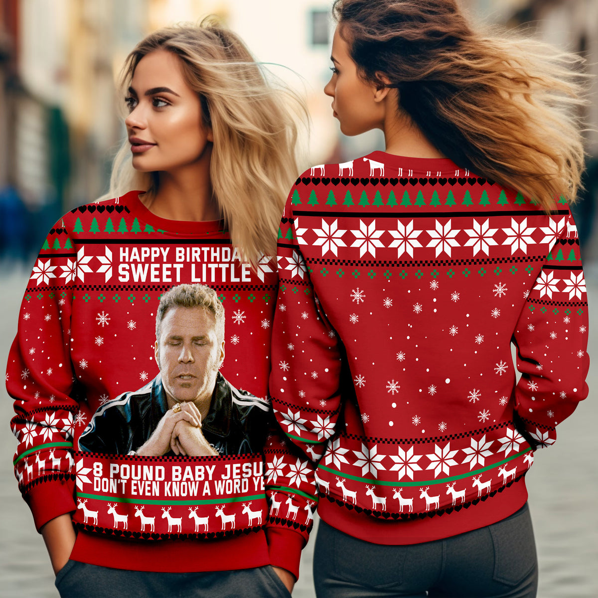 Ricky Bobby 8 Pound Baby Jesus Ugly Christmas Sweater - Funny Talladega Nights Knit Print