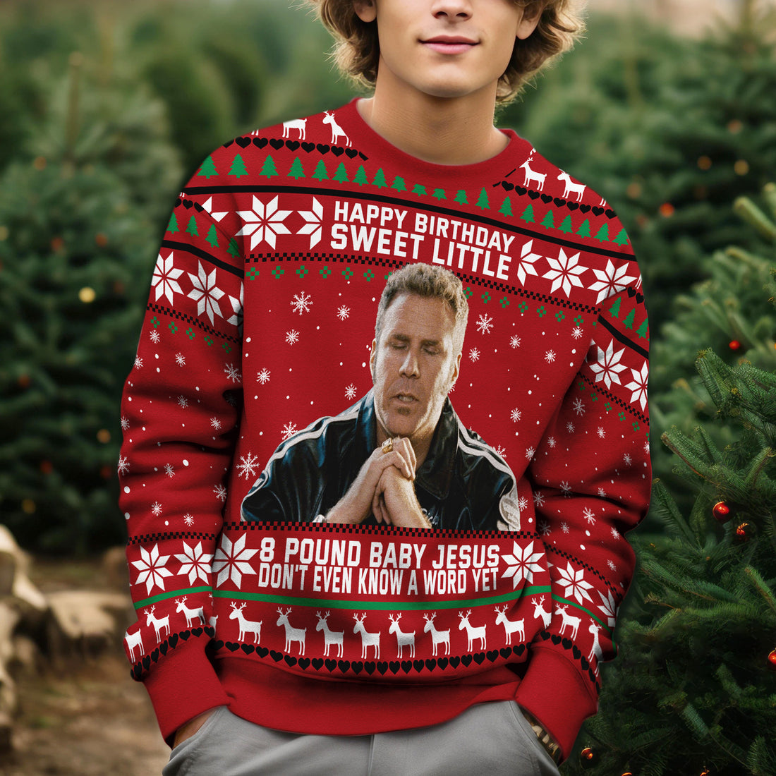 Ricky Bobby 8 Pound Baby Jesus Ugly Christmas Sweater - Funny Talladega Nights Knit Print