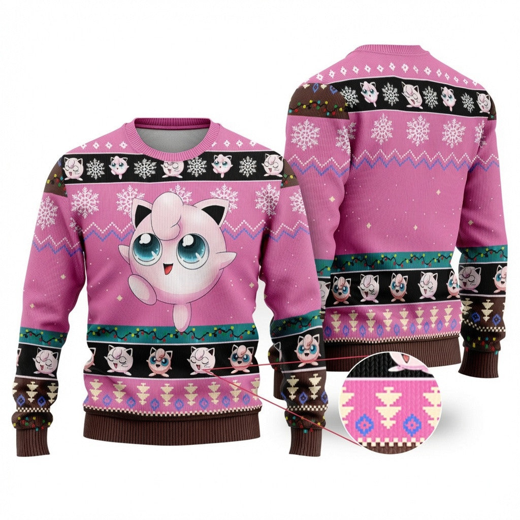 Jigglypuff Ugly Christmas Sweater - Pink Anime Fairy Holiday Knit Print