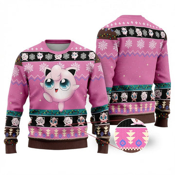 Jigglypuff Ugly Christmas Sweater - Pink Anime Fairy Holiday Knit Print