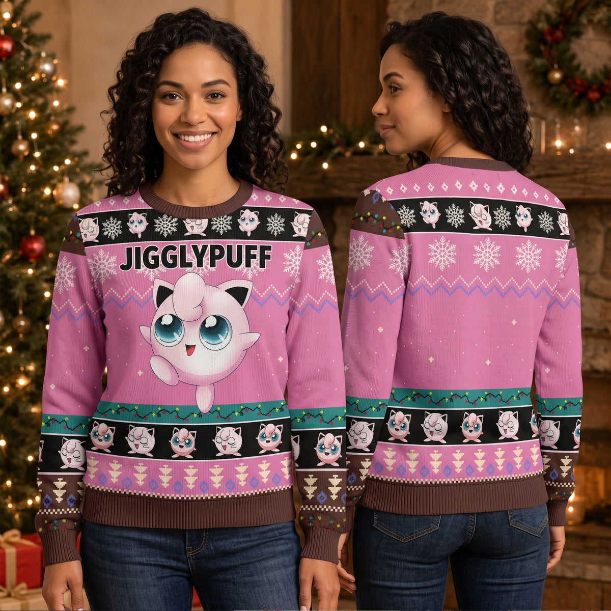 Jigglypuff Ugly Christmas Sweater - Pink Anime Fairy Holiday Knit Print