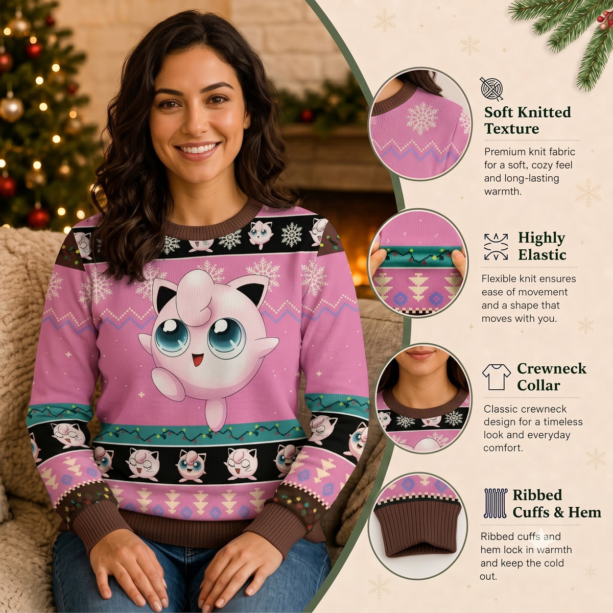 Jigglypuff Ugly Christmas Sweater - Pink Anime Fairy Holiday Knit Print