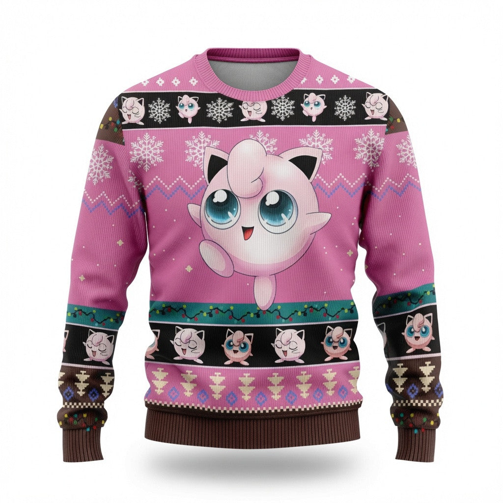 Jigglypuff Ugly Christmas Sweater - Pink Anime Fairy Holiday Knit Print