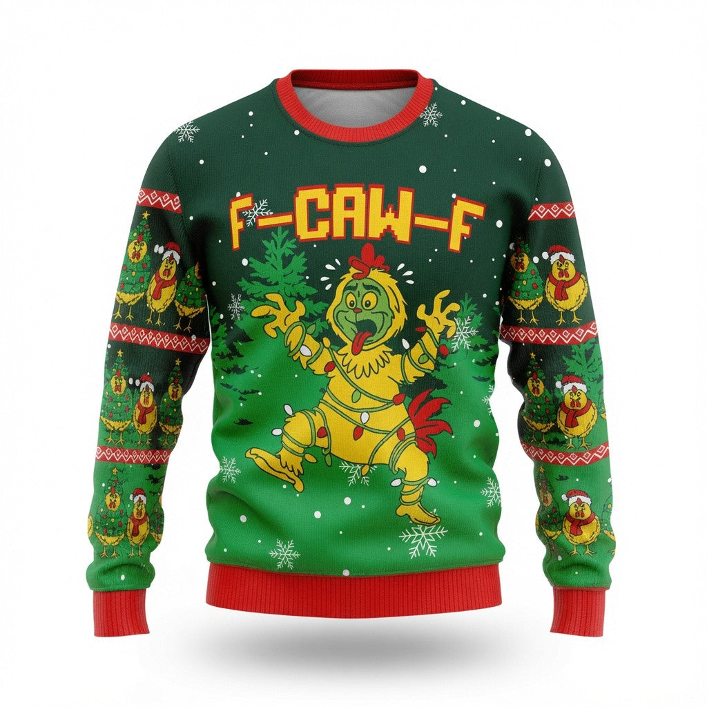 F-Caw-F Ugly Christmas Sweater - Funny Holiday Chicken Knit Print