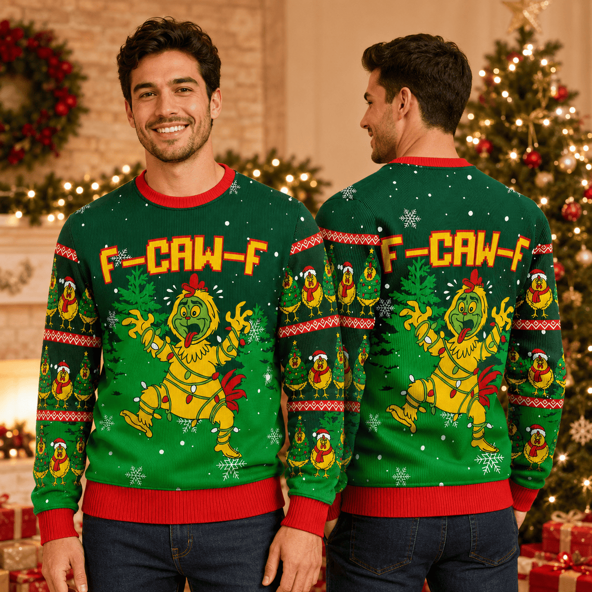 F-Caw-F Ugly Christmas Sweater - Funny Holiday Chicken Knit Print