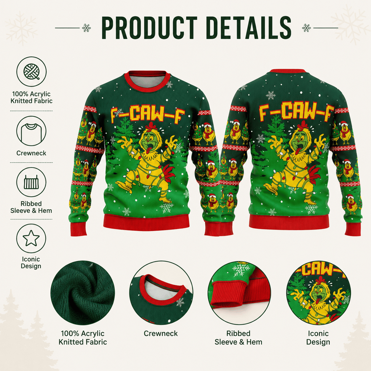 F-Caw-F Ugly Christmas Sweater - Funny Holiday Chicken Knit Print