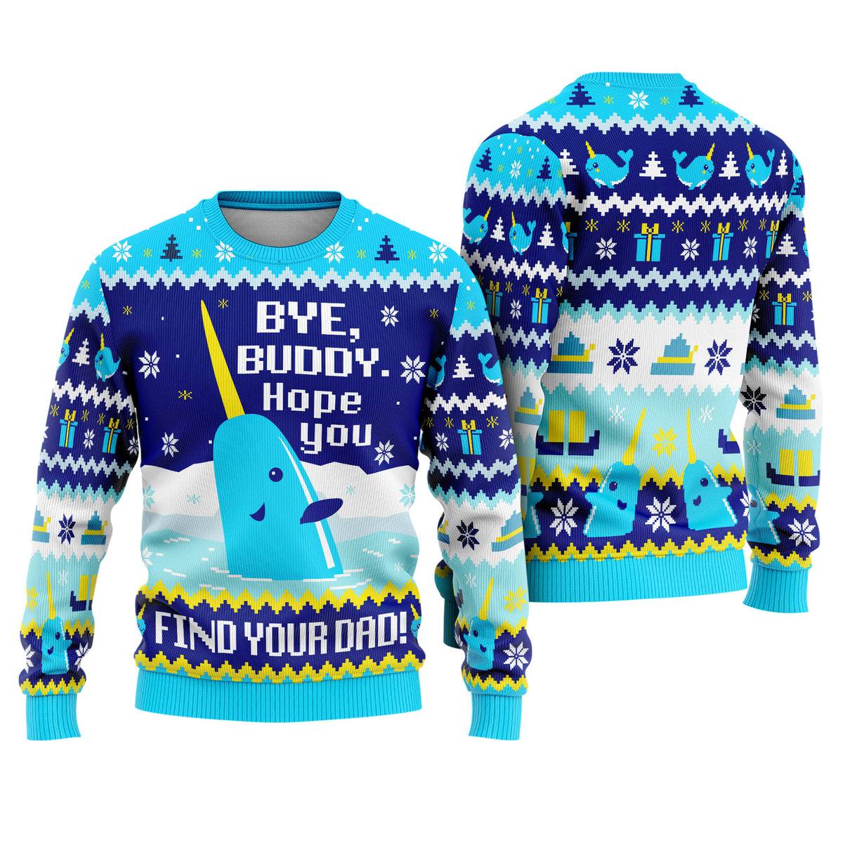 Elf Narwhal Bye Buddy Ugly Christmas Sweater - Funny Movie Holiday Knit Print