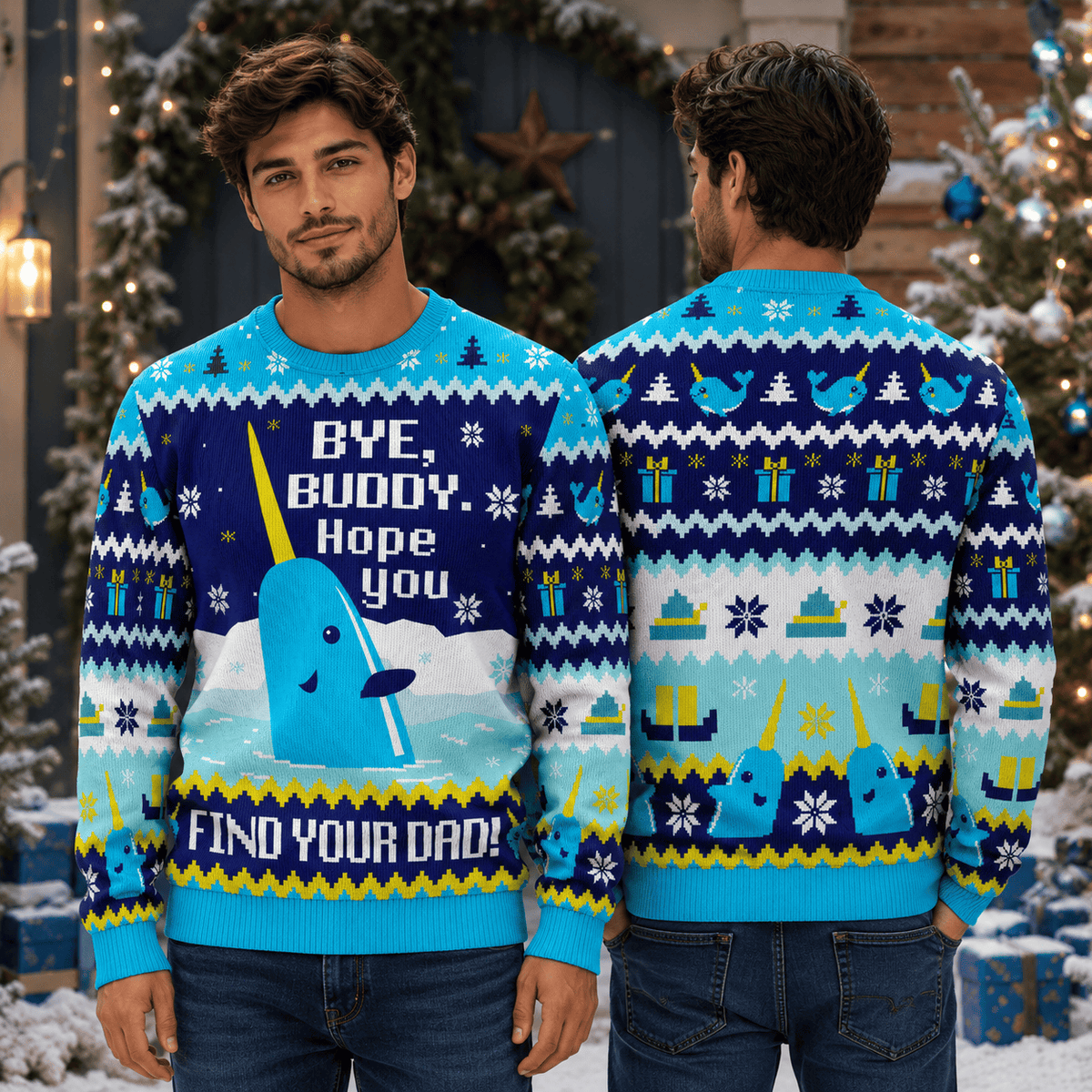 Elf Narwhal Bye Buddy Ugly Christmas Sweater - Funny Movie Holiday Knit Print