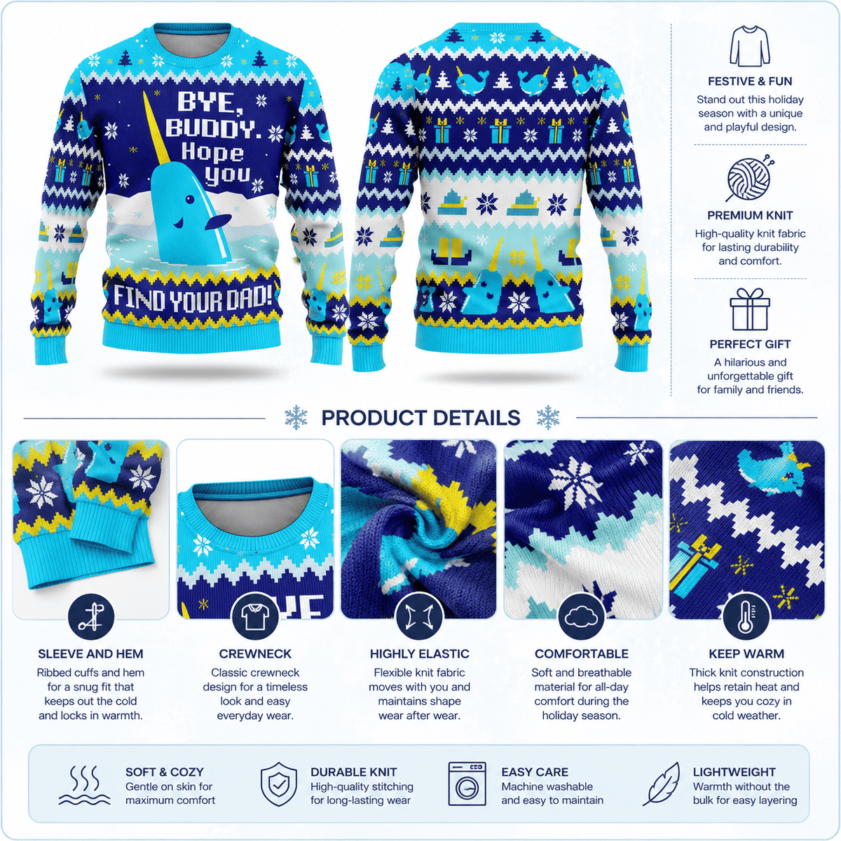 Elf Narwhal Bye Buddy Ugly Christmas Sweater - Funny Movie Holiday Knit Print