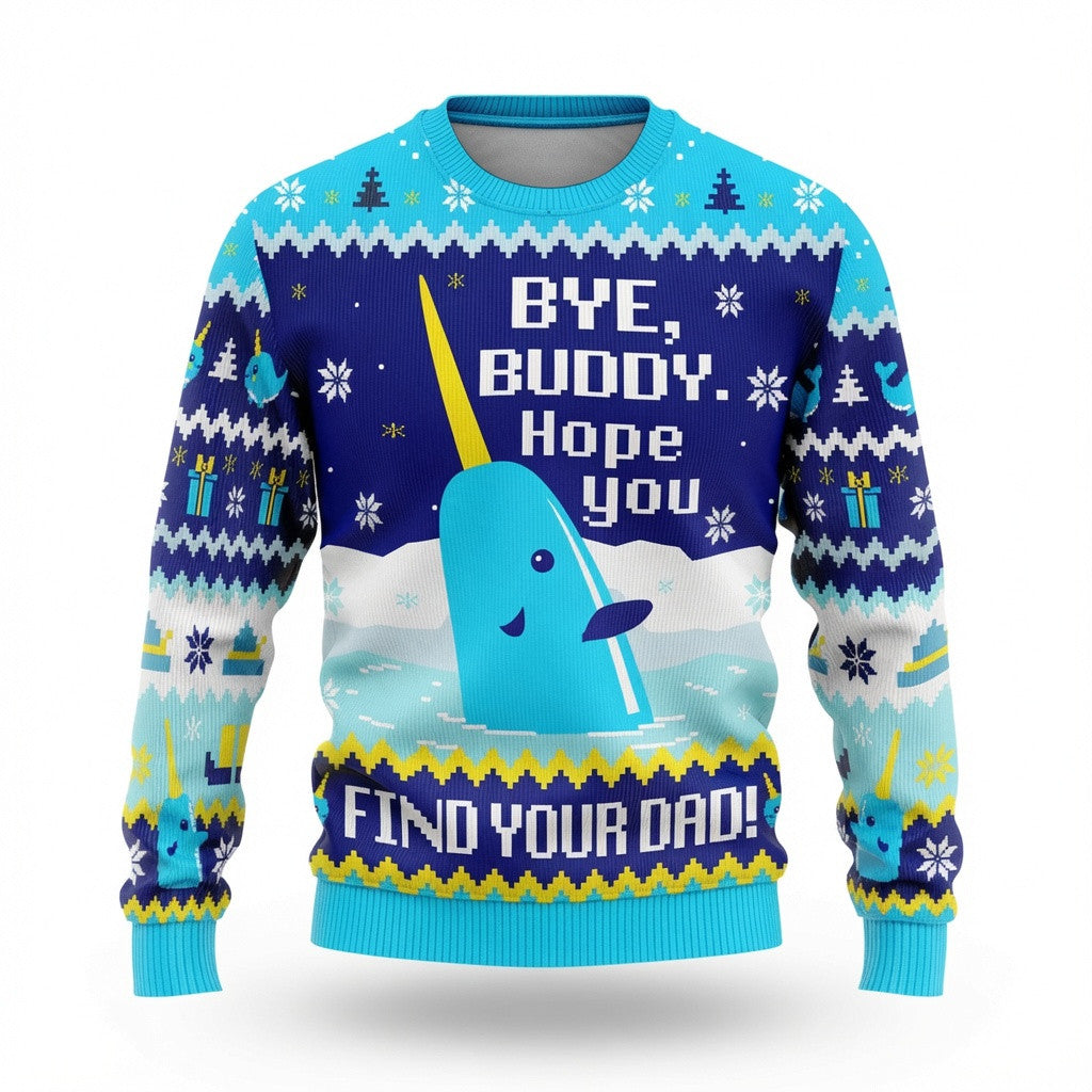 Elf Narwhal Bye Buddy Ugly Christmas Sweater - Funny Movie Holiday Knit Print