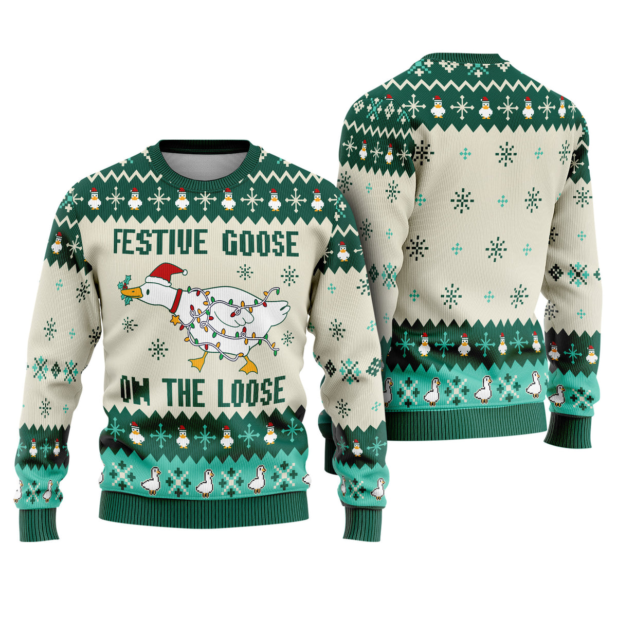 Festive Goose On The Loose Ugly Christmas Sweater - Funny Holiday Knit Print