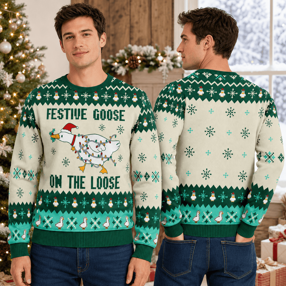 Festive Goose On The Loose Ugly Christmas Sweater - Funny Holiday Knit Print