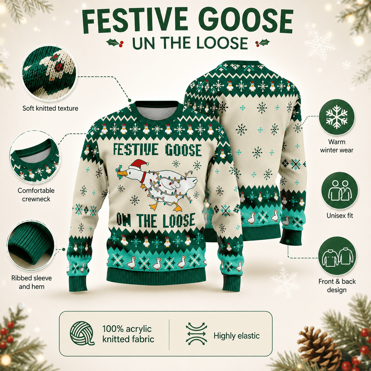 Festive Goose On The Loose Ugly Christmas Sweater - Funny Holiday Knit Print