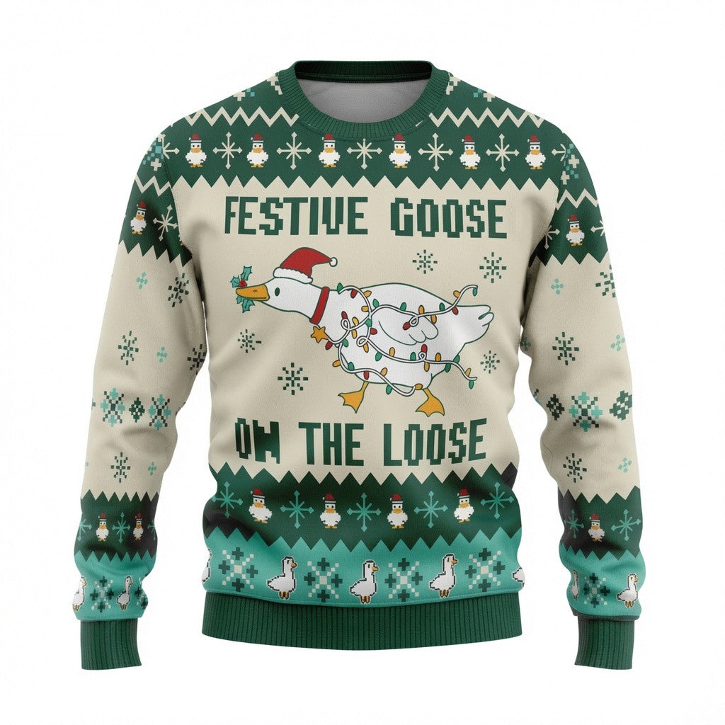 Festive Goose On The Loose Ugly Christmas Sweater - Funny Holiday Knit Print