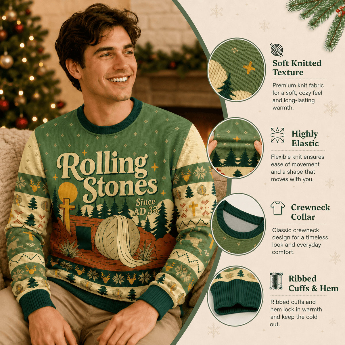 Retro Rolling Stones Ugly Christmas Sweater - Classic Rock Band Holiday Knit Print