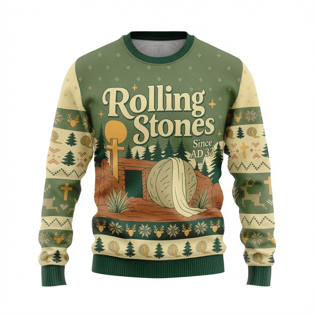 Retro Rolling Stones Ugly Christmas Sweater - Classic Rock Band Holiday Knit Print