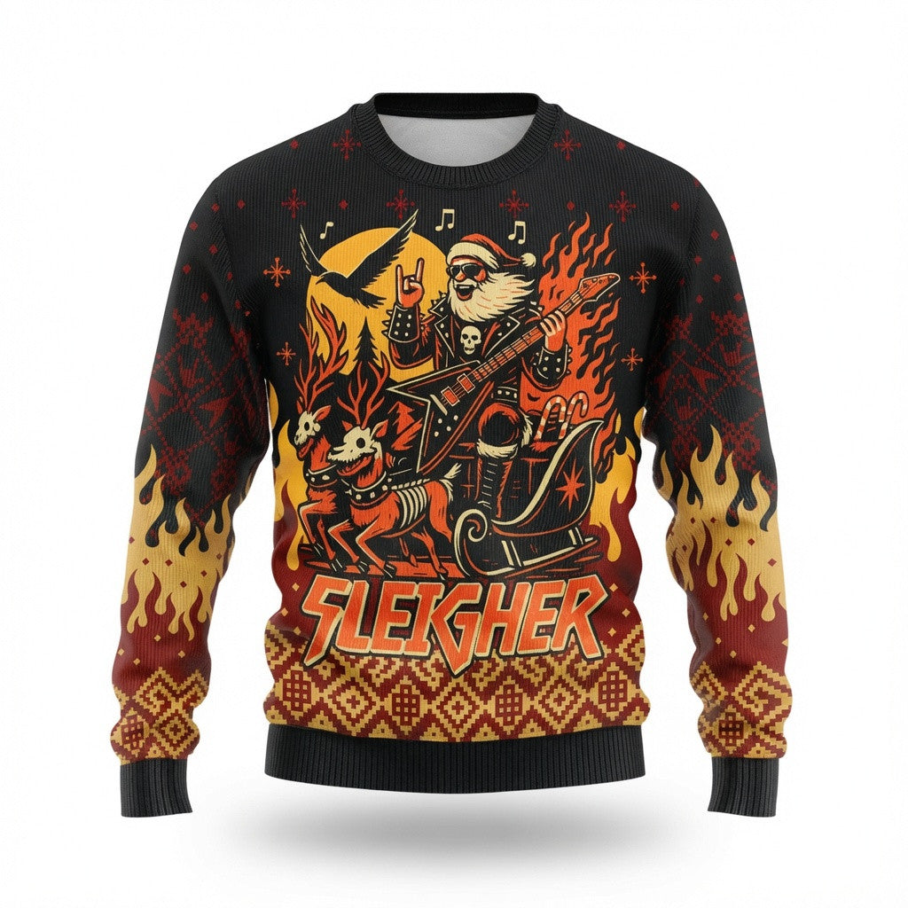 Sleigher Ugly Christmas Sweater - Funny Heavy Metal Santa Holiday Knit Print