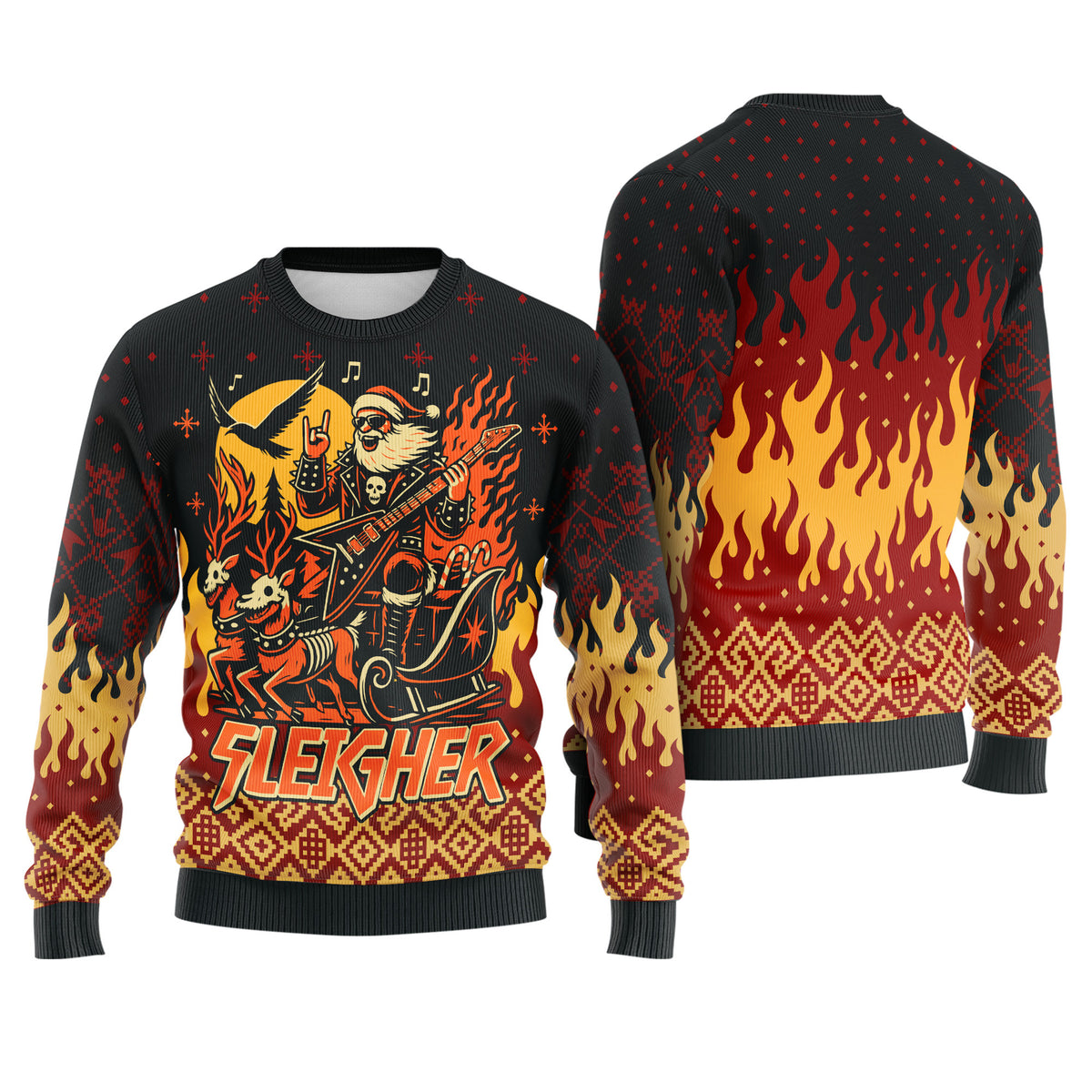 Sleigher Ugly Christmas Sweater - Funny Heavy Metal Santa Holiday Knit Print