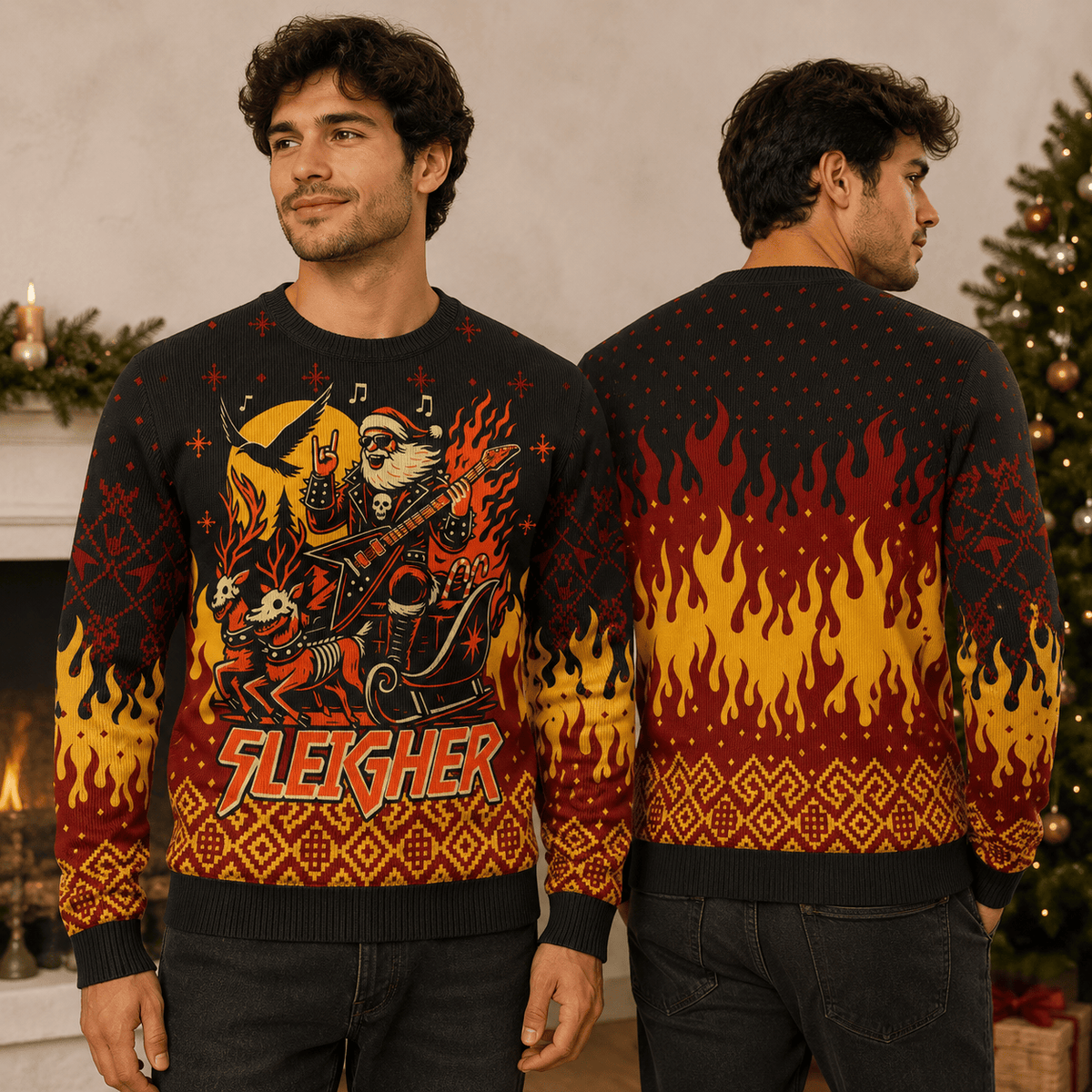 Sleigher Ugly Christmas Sweater - Funny Heavy Metal Santa Holiday Knit Print