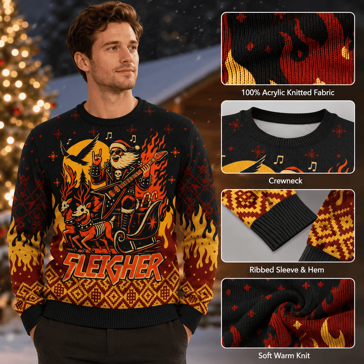 Sleigher Ugly Christmas Sweater - Funny Heavy Metal Santa Holiday Knit Print
