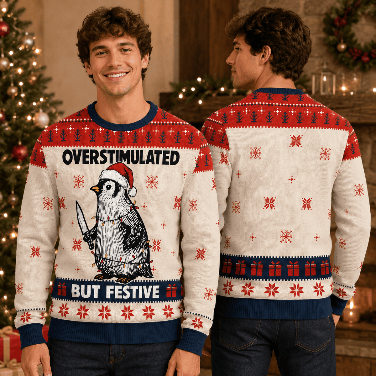 Overstimulated But Festive Penguin Ugly Christmas Sweater - Funny Holiday Knit Print
