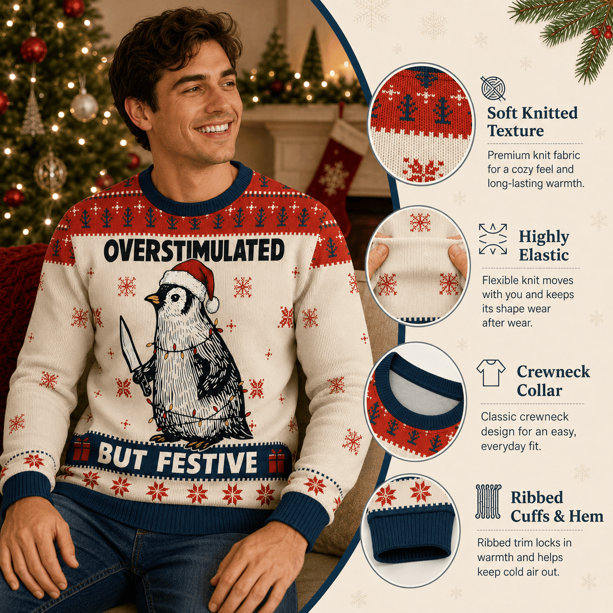 Overstimulated But Festive Penguin Ugly Christmas Sweater - Funny Holiday Knit Print