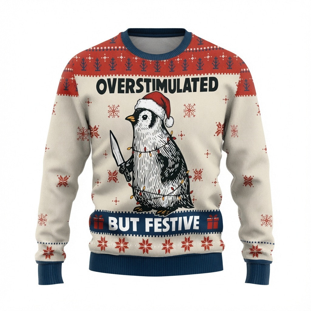 Overstimulated But Festive Penguin Ugly Christmas Sweater - Funny Holiday Knit Print