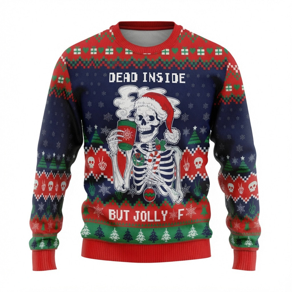 Dead Inside But Jolly AF Skeleton Ugly Christmas Sweater - Funny Holiday Knit Print
