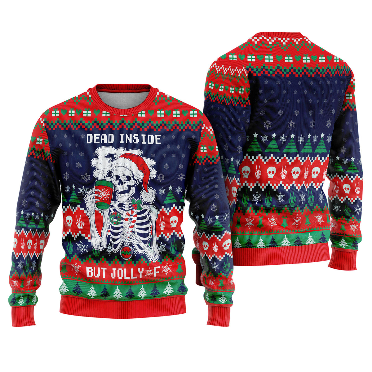 Dead Inside But Jolly AF Skeleton Ugly Christmas Sweater - Funny Holiday Knit Print
